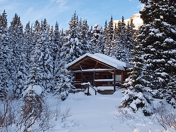 Berg Lake Shelter, trees, shelter, lake, snow HD wallpaper
