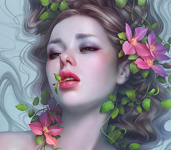 Beauty is on the inside, frumusete, art, girl, beauty, pink, fantasy, flower, green, face, helga-hertz, lips, luminos, helga-helleborus HD wallpaper