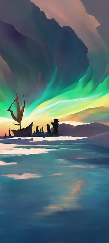 Digital painting of an aurora borealis above a shipwreck in a frozen land, sunset, colorful landscape, cloud, artistic, landscape HD phone wallpaper