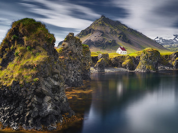 Lakeside house, lake, mountains, nature HD wallpaper