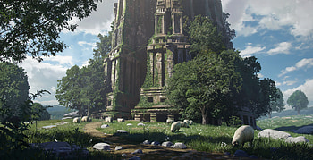 Quad — Pastoral Ruins: Sheep Grazing by an Overgrown Tower, Nature, Ruin, Sheep, Plant HD wallpaper