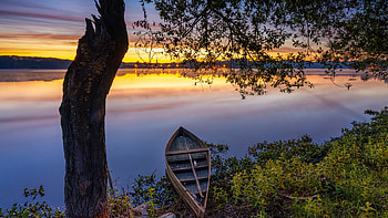 Pateira de Fermentelos Lagoon, Portugal, sky, sunset, boat, clouds, colors, tree HD wallpaper