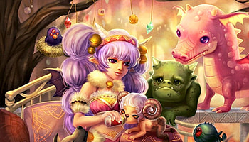 Yangtian Li, animal, cute, baby, girl, monster, purple, pink, anime, fantasy, green, dragon, creature, hair, manga HD wallpaper