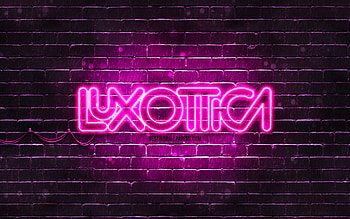 Luxottica purple logo, , purple brickwall, Luxottica logo, brands, Luxottica neon logo, Luxottica HD wallpaper
