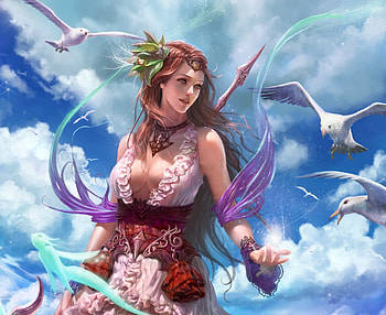 Goddess, blue, bird, pasare, girl, pink, fantasy, sky, luminos, cloud HD wallpaper