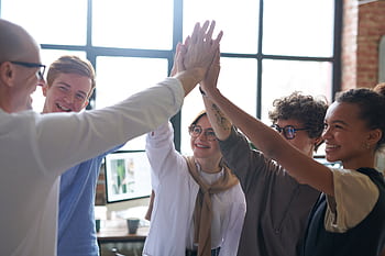 A diverse team of professionals celebrating success with a high five in a modern office. HD wallpaper