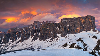 Winter, rocky mountains, sunset HD wallpaper