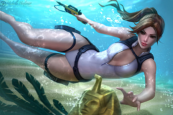 Lara Croft, blue, frumusete, girl, summer, fantasy, underwater, gun, michellehoefener HD wallpaper
