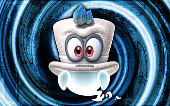Cappy, blue grunge background, vortex, Super Mario, cartoon monster, Super Mario characters, Super Mario Bros, Cappy Super Mario HD wallpaper
