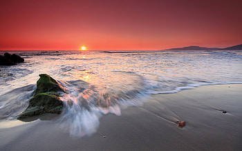 Sunset, sea, sand, colors, rocks, beach, waves, clouds, nature, sky, sun, ocean HD wallpaper