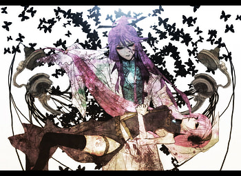 vocaloid, kimono, black, luka, purple hair, blush, stars, long hair, dress HD wallpaper