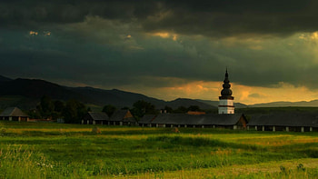 rural town in slovakia, town, clouds, fields, church, mountains HD wallpaper