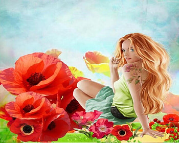 The girl and the anemones, background, light blue, anemones, girl, shades HD wallpaper