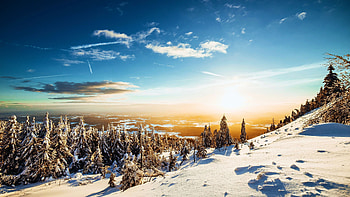 Winter Landscape, sky, hills, snow, clouds, trees, sunrise HD wallpaper