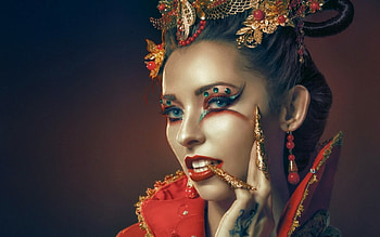 Beauty, model, asian, girl, orange, hand, woman, jewel, make-up, red, face HD wallpaper