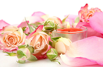 Flowers and Candles, Roses, Candles, Flame, Petals HD wallpaper