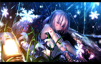 Touhou, winter, night, blue, black, glow, cute, beauty, lady, snowflakes, snow, trees, female, wings, sweet, white, art, girl, beautiful, grass, demon, purple, anime, pretty, green, lantern, lovely, forest HD wallpaper