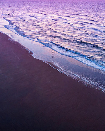 Sea, Beach, Violet, View From Above, Silhouette, Miscellanea, Miscellaneous, Purple, Human, Person, Loneliness HD phone wallpaper