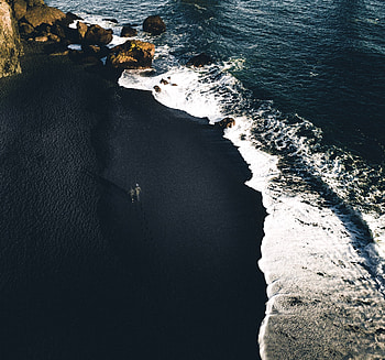 Black beach, coast, sea, aerial view, nature HD wallpaper