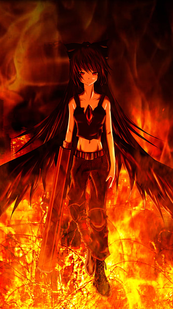gothic, weapon, wings, fire, flame, Anime, Touhou HD phone wallpaper