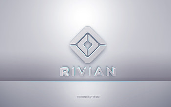 Rivian 3d white logo, gray background, Rivian logo, creative 3d art, Rivian, 3d emblem HD wallpaper