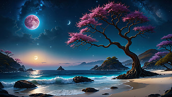 Moonlit Serenity: Tree by the Night Seashore, tree, moon, seashore, night HD wallpaper
