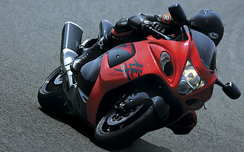 Red Suzuki Hayabusa, Race-ready machine, Front view power, Excitement unleashed HD wallpaper