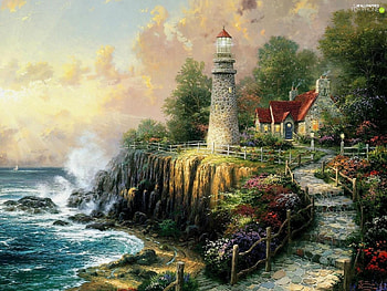Path Coastal LIghthouse, coastal, painting, light, house HD wallpaper
