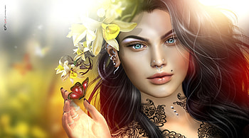 Girl, Hair, Flowers, Butterflies, Nature, Fantasy HD wallpaper