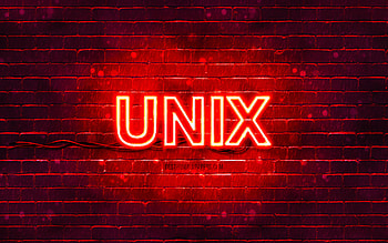 Unix red logo, , red brickwall, Unix logo, operating systems, Unix neon logo, Unix HD wallpaper