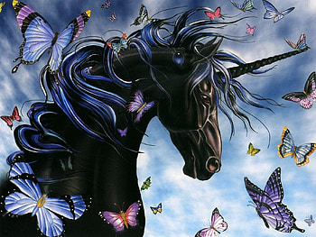 Dark Unicorn by Nene Thomas, artwork, butterflies, digital, horse HD wallpaper