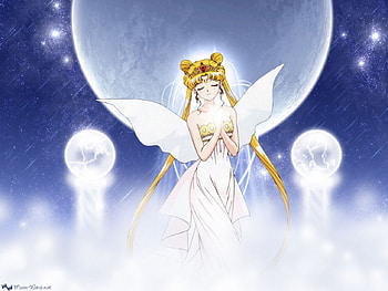 Tsukino Usagi, wings, stars, long hair, anime, moon, Sailor Moon, sky, blonde hair, queen HD wallpaper