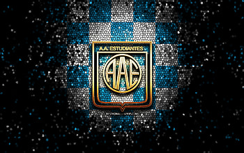 Estudiantes de Rio Cuarto, glitter logo, Primera Nacional, blue white checkered background, soccer, argentinian football club, Asociacion Atletica Estudiantes logo, mosaic art, football, Asociacion Atletica Estudiantes FC HD wallpaper