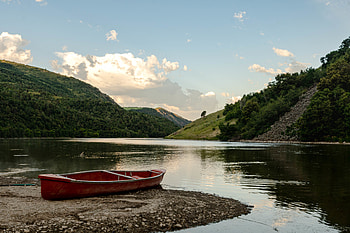 Nature, Sky, Lake, Coast, Boat, Hill HD wallpaper