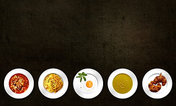 Flatlay of various dishes including pasta, egg, soup, and croissant on textured background. HD wallpaper