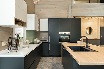 Sleek black and white kitchen with wooden accents and contemporary design. HD wallpaper
