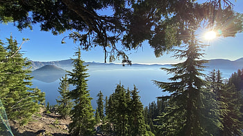 Crater Lake National Park, Oregon, trees, sky, water, sun, usa HD wallpaper