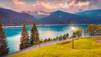 Beautiful Scenery Road Trees Lights Grass Field Mountains Under White Clouds Blue Sky Nature HD wallpaper