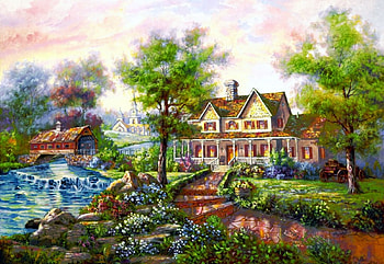 Cedar Glen Bridge, artwork, trees, river, cottage, painting HD wallpaper