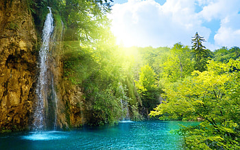 Summer waterfall, Refreshing cascade, Nature's paradise, Relaxing oasis HD wallpaper