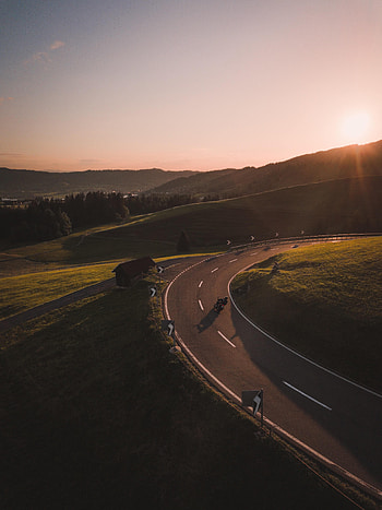 Nature, Beams, Rays, Road, Motorcyclist, Motorcycle, Hill HD phone wallpaper