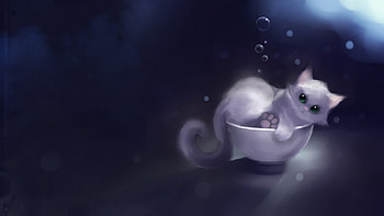 Time for bath, apofuss, white, black, fantasy, bath, art, cat HD wallpaper