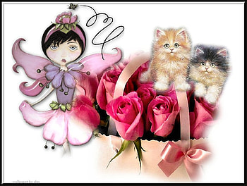 Easter Cats, pink roses, fairie, cats, easter, baskets HD wallpaper