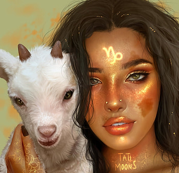 Zodiac ~ Capricorn, capricorn, white, horns, art, cute, baby, girl, goat, fantasy, zodiac, tati moons, face, luminos HD wallpaper