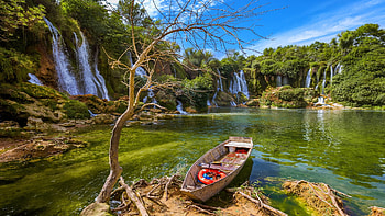 Waterfall Kravice In Bosnia And Herzegovina, river, boat, trees, sky, rocks, pond HD wallpaper