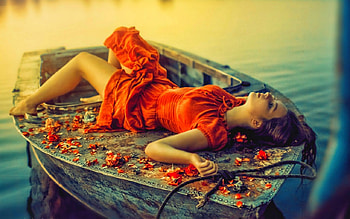 Lady in the lake, boat, lying, dress, lake, woman HD wallpaper