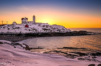 Nubble Lighthouse, Maine In Winter, sea, coast, snow, landscape, sunset HD wallpaper