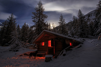 Winter Chalet at Night, Chalets, Cottages, Cabins, Winter, Snow, Trees, Nature HD wallpaper