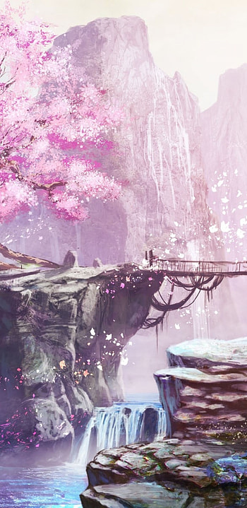Anime Landscape, Cherry Blossom, Bridge, Waterfall, Anime Girl, Nature HD phone wallpaper