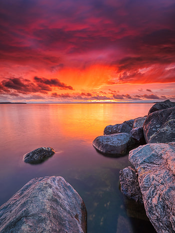 Nature, Water, Sunset, Stones, Sky, Horizon HD phone wallpaper